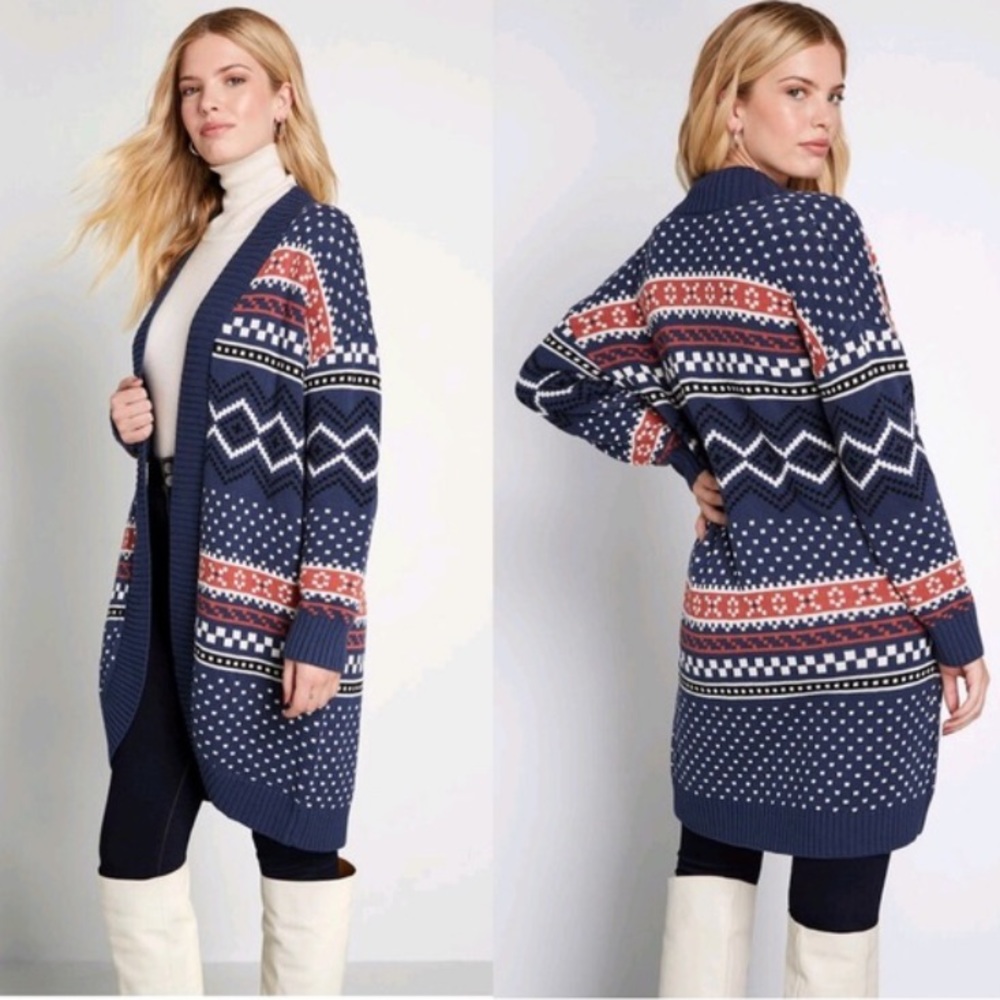 ModCloth Fair Isle Blue Open Front Cardigan Large